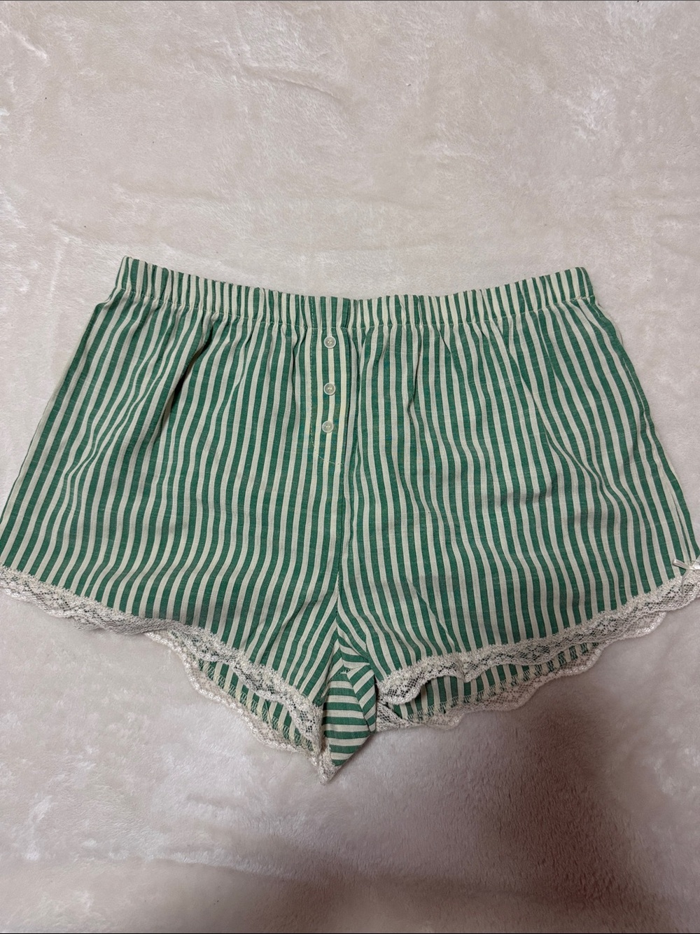 Green Striped Lace-Trim Sleep Shorts - Women's Pajama Bottoms